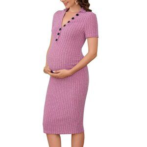 Maternity Dress Short Sleeve V Neck Midi Knit Slim Fit Bodycon Light Pink M